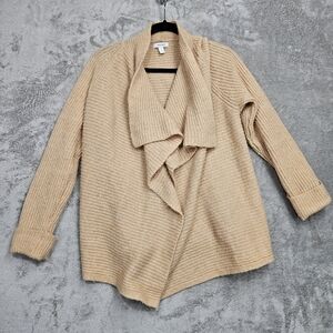 Nine West Women's Large Tan Ribbed Wrap Cardigan Sweater Shawl Collar Open Front